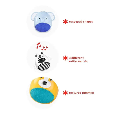Colorful egg-shaped shakers in animal designs with easy-grab shapes, three rattle sounds, and textured surfaces.