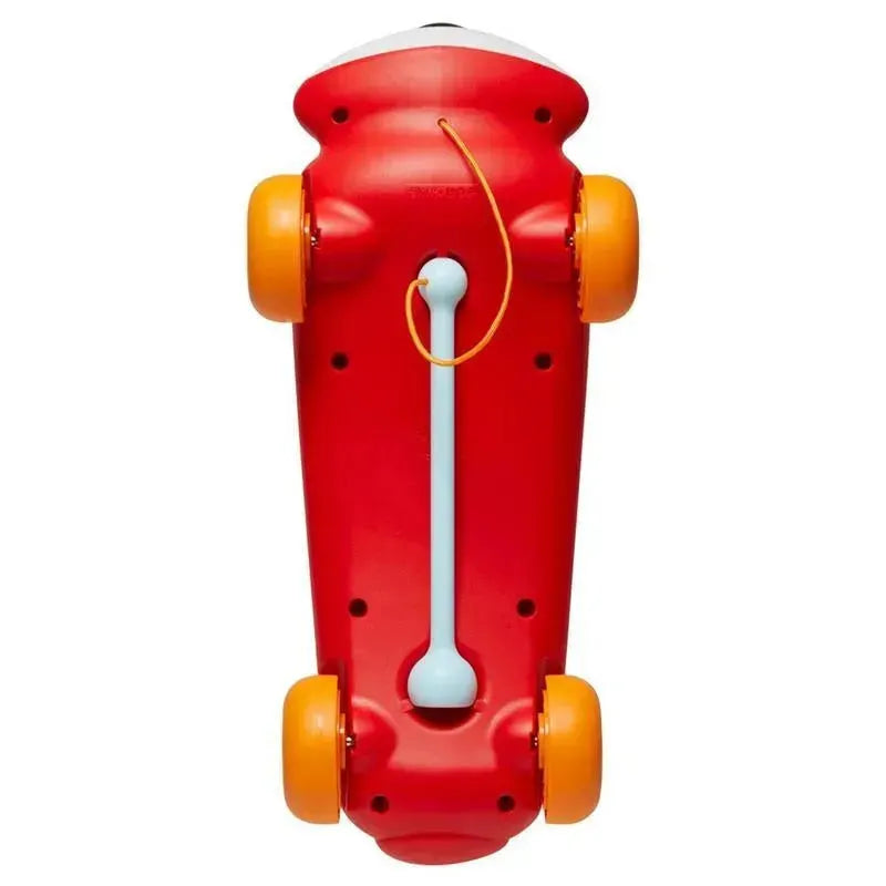 Red xylophone toy designed as a fox, with orange wheels and a blue mallet for children to play music.
