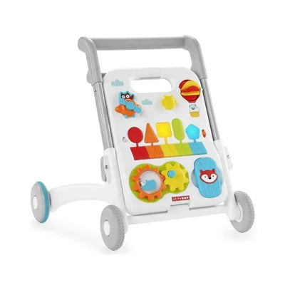 4-in-1 activity walker featuring interactive toys, colorful shapes, gears, and a sturdy handle for support.