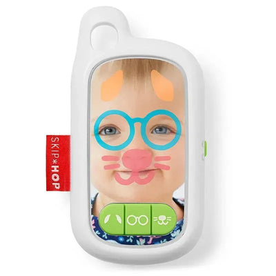 Selfie toy for babies featuring cartoon animal overlays, buttons for sound effects, and a colorful design.