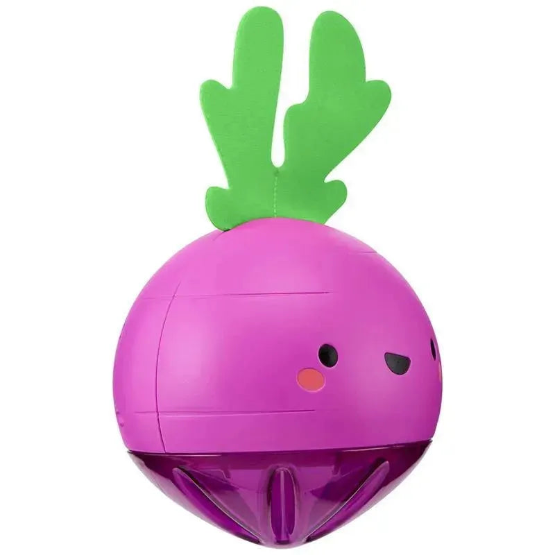 Bright purple ball resembling a beet with green leaves on top, designed for crawling and engaging play.