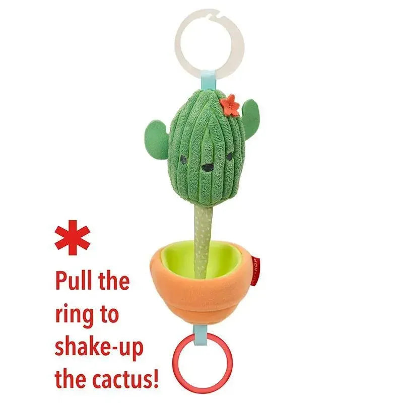 Cactus-shaped hanging toy with a plush texture and pull ring to activate shaking, designed for infant stimulation.