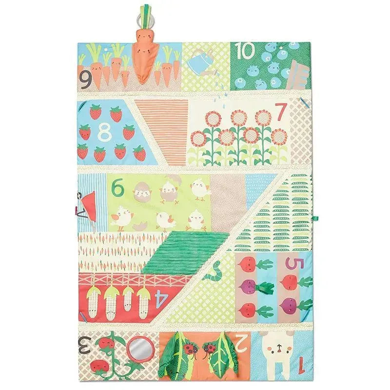 Colorful baby play gym featuring whimsical farm-themed designs, numbers, animals, and textures for sensory exploration.