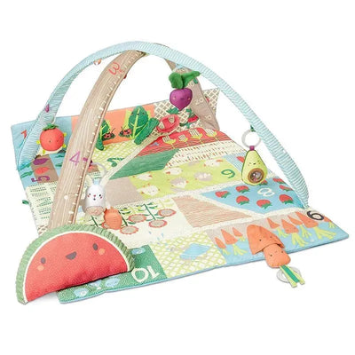 Colorful Farmstand Activity Gym with soft plush mat, arches, and hanging fruit toys for infant play and sensory development.