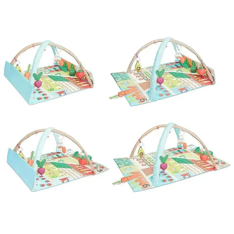 Colorful Farmstand Activity Gym featuring soft toys, textured fabrics, and a playful garden theme for infant engagement.