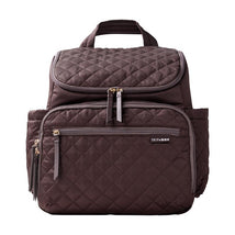 Chocolate-colored Skip Hop Forma Backpack featuring a quilted design, two zippered compartments, and side pockets.