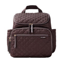 Chocolate-colored Skip Hop Forma Backpack featuring a quilted design, two zippered compartments, and side pockets.
