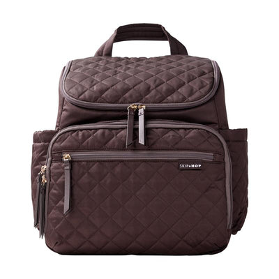 Chocolate-colored Skip Hop Forma Backpack featuring a quilted design, two zippered compartments, and side pockets.