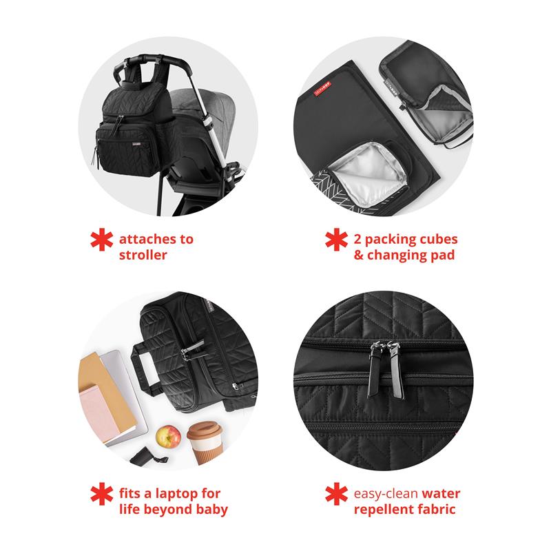 Skip Hop - Forma Backpack in Chocolate attaches to a stroller, includes two packing cubes and a changing pad, fits a laptop, and features easy-clean water-repellent fabric.