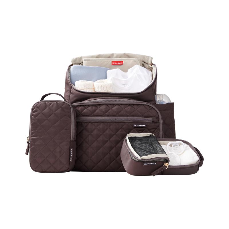Skip Hop Forma Backpack in chocolate color, featuring a quilted design and multiple compartments for organizing baby essentials.