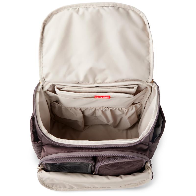 Chocolate Skip Hop Forma Backpack with an open zipper, showcasing an organized interior and light lining.