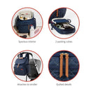 Navy Skip Hop Forma Diaper Bag Backpack showcasing a spacious interior, two packing cubes, stroller attachment, and quilted details.
