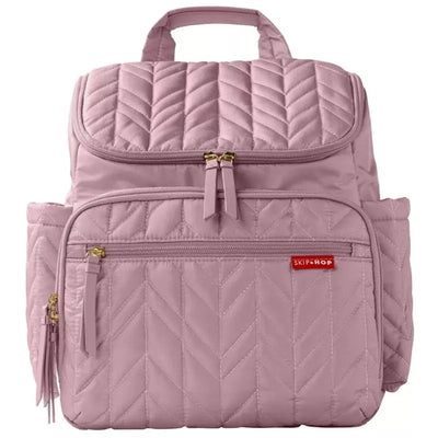 Quilted mauve diaper backpack by Skip Hop featuring multiple zippered pockets and a top handle for easy carrying.