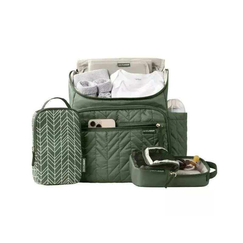 Sage green Skip Hop Forma Diaper Backpack with multiple compartments, containing baby essentials and accessories.