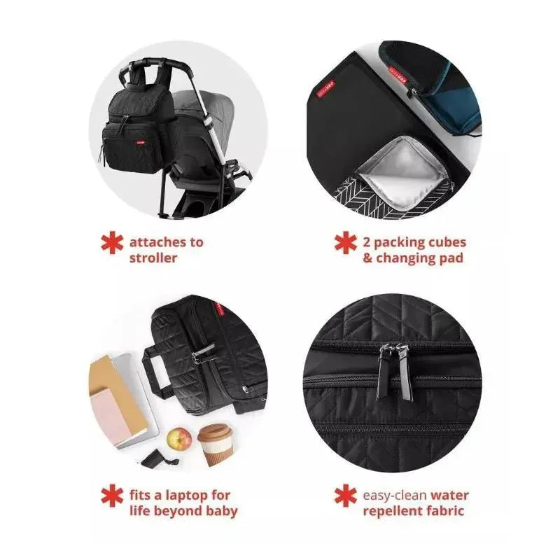 Sage Skip Hop Forma Diaper Backpack with attachments for strollers, packing cubes, changing pad, and water-repellent fabric.