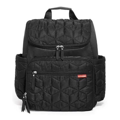 Black Skip Hop Forma Diaper Bag Backpack with quilted texture, featuring multiple zippered pockets and side pouches.