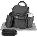 Skip Hop Forma Next Backpack in black, featuring multiple compartments, a side pocket for a water bottle, and foldable changing mat.