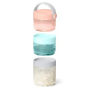 Skip Hop Formula To Food Container Set in teal and grey, featuring three stackable containers in pink, teal, and grey.