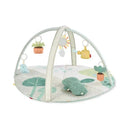 Garden Oasis Activity Gym by Skip Hop features a soft, padded mat with hanging toys including plants, a watering can, and a sun, designed for infant play.