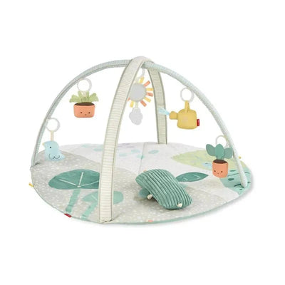 Garden Oasis Activity Gym by Skip Hop features a soft, padded mat with hanging toys including plants, a watering can, and a sun, designed for infant play.