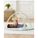 Skip Hop Garden Oasis Activity Gym with a baby lying on a soft mat, reaching for hanging toys including a watering can and other colorful shapes.