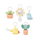 Colorful soft toys including a mirror, bird, watering can, and potted plants, designed for the Skip Hop Garden Oasis Activity Gym.