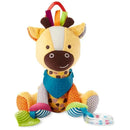 Soft plush giraffe stroller toy with colorful patterns, textured fabrics, and attached teethers, designed for infants.