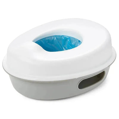 3-in-1 potty with a white lid and gray base, featuring a blue disposable liner visible inside. Ideal for potty training.