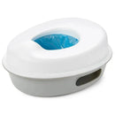3-in-1 potty with a white lid and gray base, featuring a blue disposable liner visible inside. Ideal for potty training.