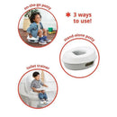 Skip Hop Go Time 3-in-1 Potty displayed with three uses: on-the-go potty, stand-alone potty, and toilet trainer, each illustrated with children.