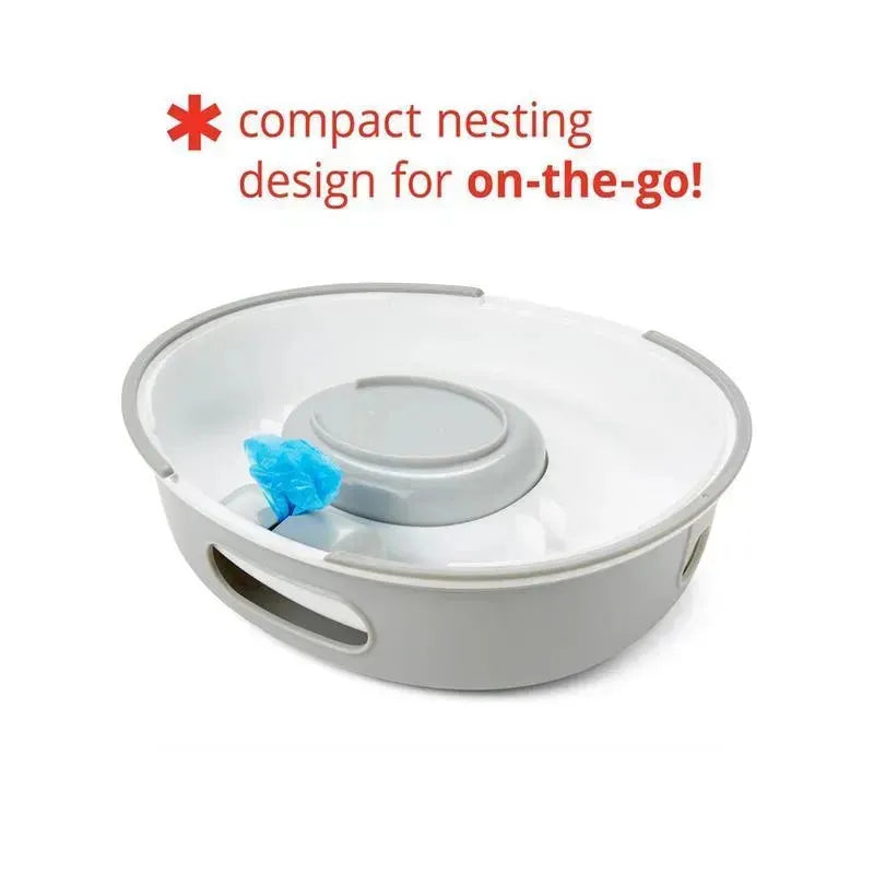3-in-1 potty with a compact nesting design, featuring a gray base and a blue disposable liner for travel convenience.
