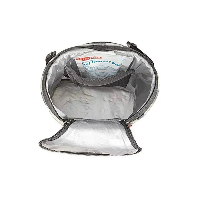 Open black and white striped insulated bag with a cool freezer pack visible inside, designed for carrying two bottles.