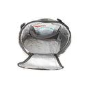 Open black and white striped insulated bag with a cool freezer pack visible inside, designed for carrying two bottles.