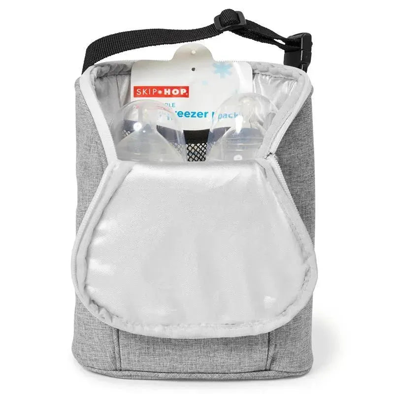 Grey melange Skip Hop Grab & Go Double Bottle Bag with visible freezer pack and two baby bottles inside.