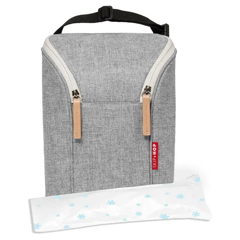Grey Melange double bottle bag by Skip Hop with two zipper pulls and an ice pack featuring blue snowflakes.
