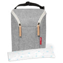 Grey Melange double bottle bag by Skip Hop with two zipper pulls and an ice pack featuring blue snowflakes.