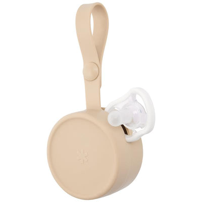 Grab & Go Silicone Pacifier Holder by Skip Hop in Oat color, featuring a pacifier securely held and a loop for easy attachment.