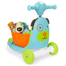 3-in-1 ride-on toy designed as a blue dog, featuring an orange storage compartment with toys.