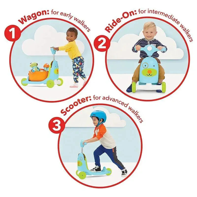 Skip Hop Zoo 3-In-1 Ride-On Toy, Dog; illustrates three modes: wagon for early walkers, ride-on for intermediates, and scooter for advanced walkers.