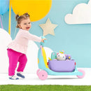 Toddler pushing a Skip Hop Zoo 3-In-1 Ride-On Toy in unicorn design, filled with plush toys, against a colorful background.
