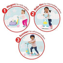 Skip Hop Zoo 3-In-1 Ride-On Toy, Unicorn, features children using it as a wagon, ride-on, and scooter, showcasing versatility.