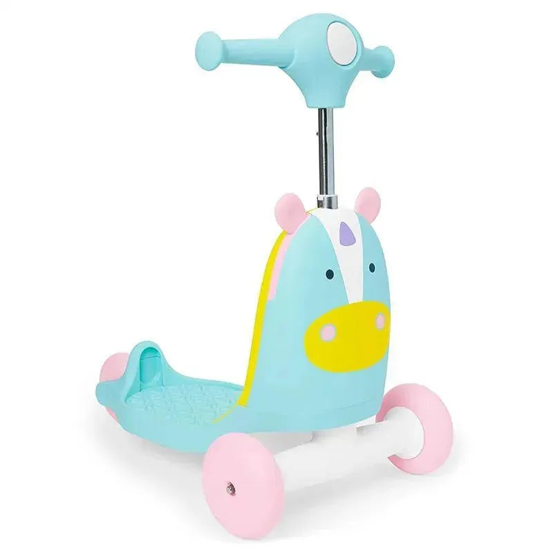 Colorful unicorn-themed ride-on toy with a blue body, pink wheels, and a height-adjustable handle for children.