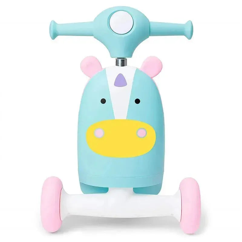 3-in-1 ride-on toy designed as a unicorn, featuring a turquoise body, cute face, and pink wheels.