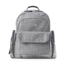 Grey Skip Hop Luna diaper bag backpack featuring multiple pockets and a portable changing pad.