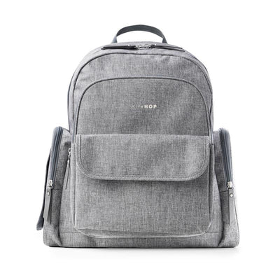 Grey Skip Hop Luna diaper bag backpack featuring multiple pockets and a portable changing pad.