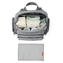 Heather grey Skip Hop Luna diaper bag backpack, open to reveal diapers, wipes, bottles, and a portable changing pad below.