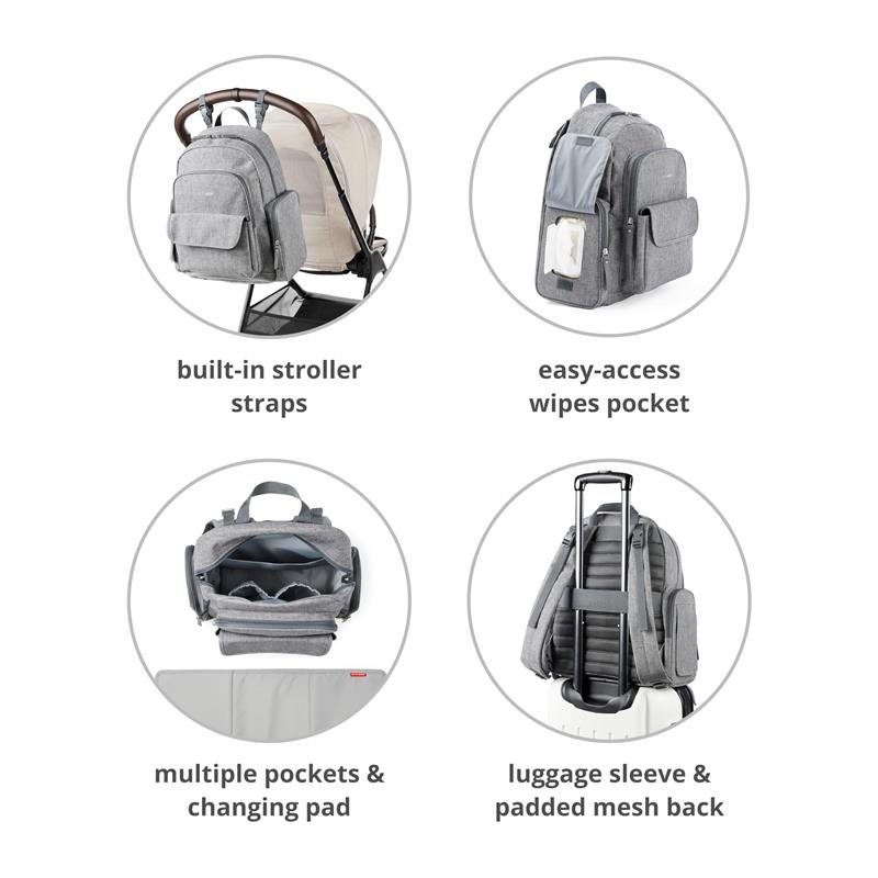 Heather grey Skip Hop Luna Diaper Bag Backpack features built-in stroller straps, multiple pockets, and a portable changing pad.