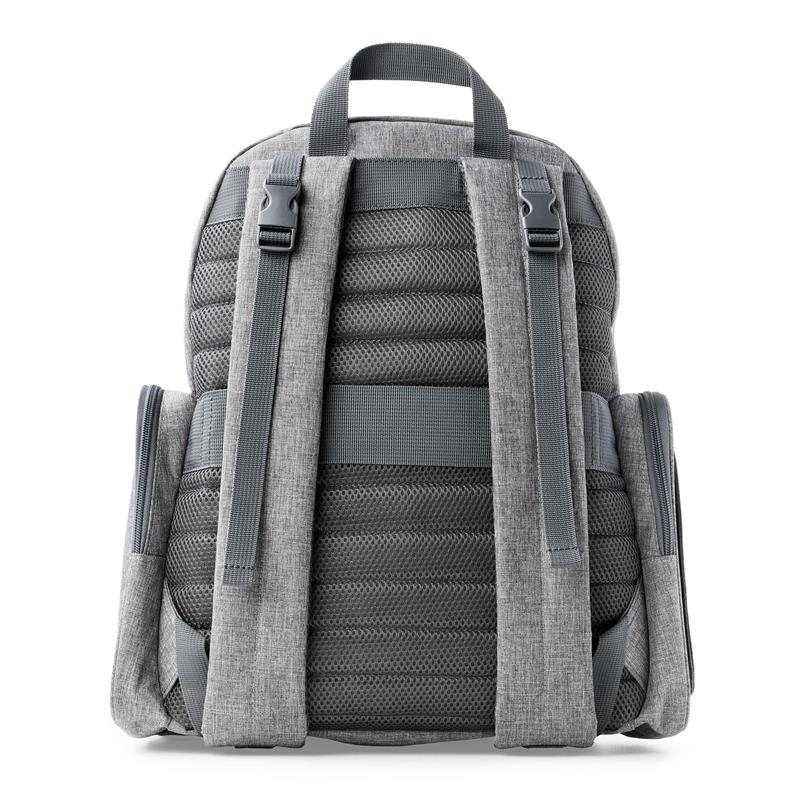 Heather grey backpack diaper bag with padded back, adjustable straps, and side pockets; includes a portable changing pad.