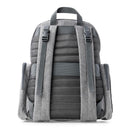 Heather grey backpack diaper bag with padded back, adjustable straps, and side pockets; includes a portable changing pad.