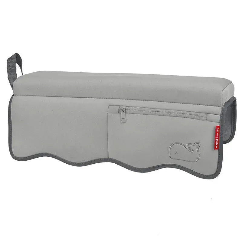 Grey Moby Baby Bath Essential Set, featuring a padded bath organizer with scalloped edges and a zippered pocket.